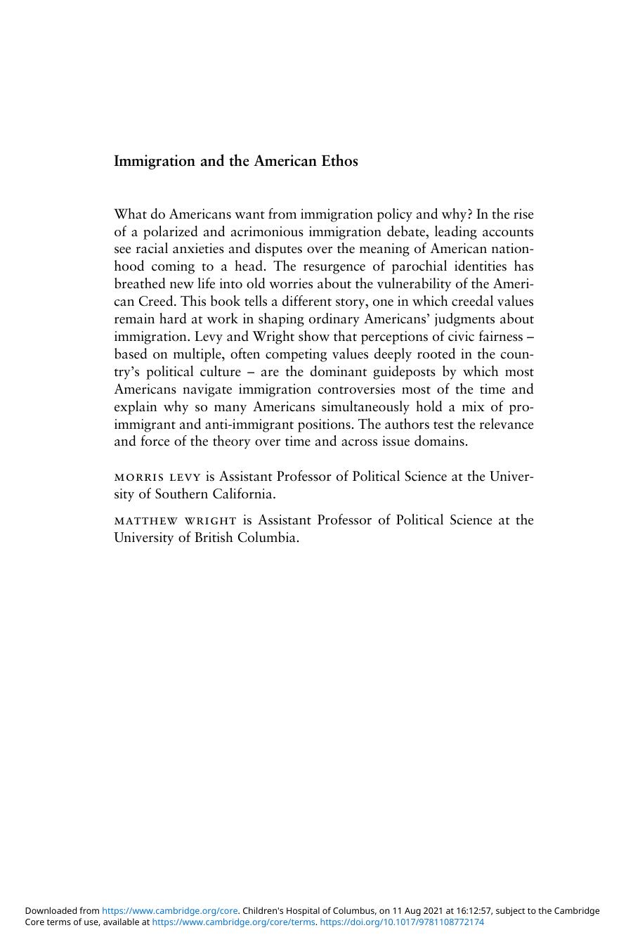 Immigration and the American Ethos by Morris Levy; Matthew Wright