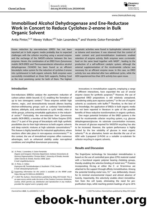 Immobilised Alcohol Dehydrogenase and EneâReductase Work in Concert to Reduce Cyclohexâ2âenone in Bulk Organic Solvent by Unknown