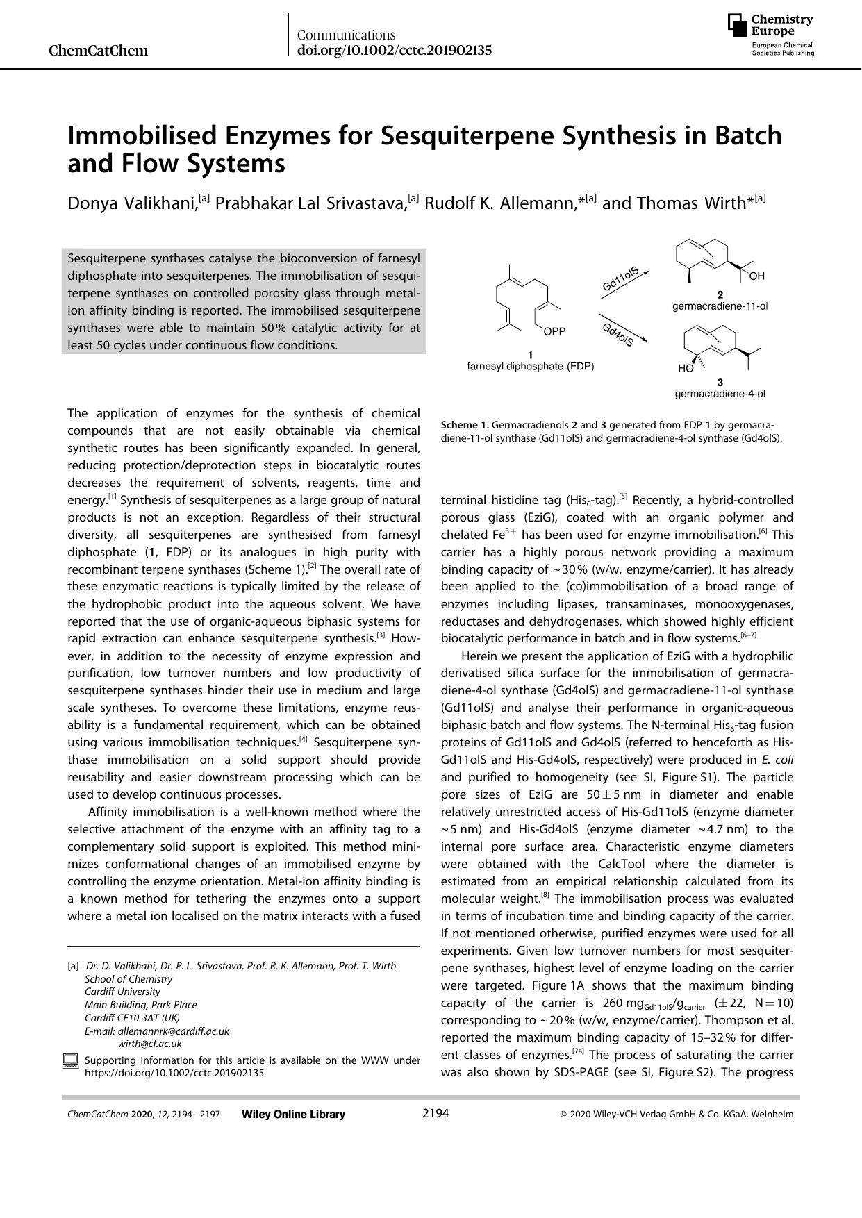 Immobilised Enzymes for Sesquiterpene Synthesis in Batch and Flow Systems by Unknown