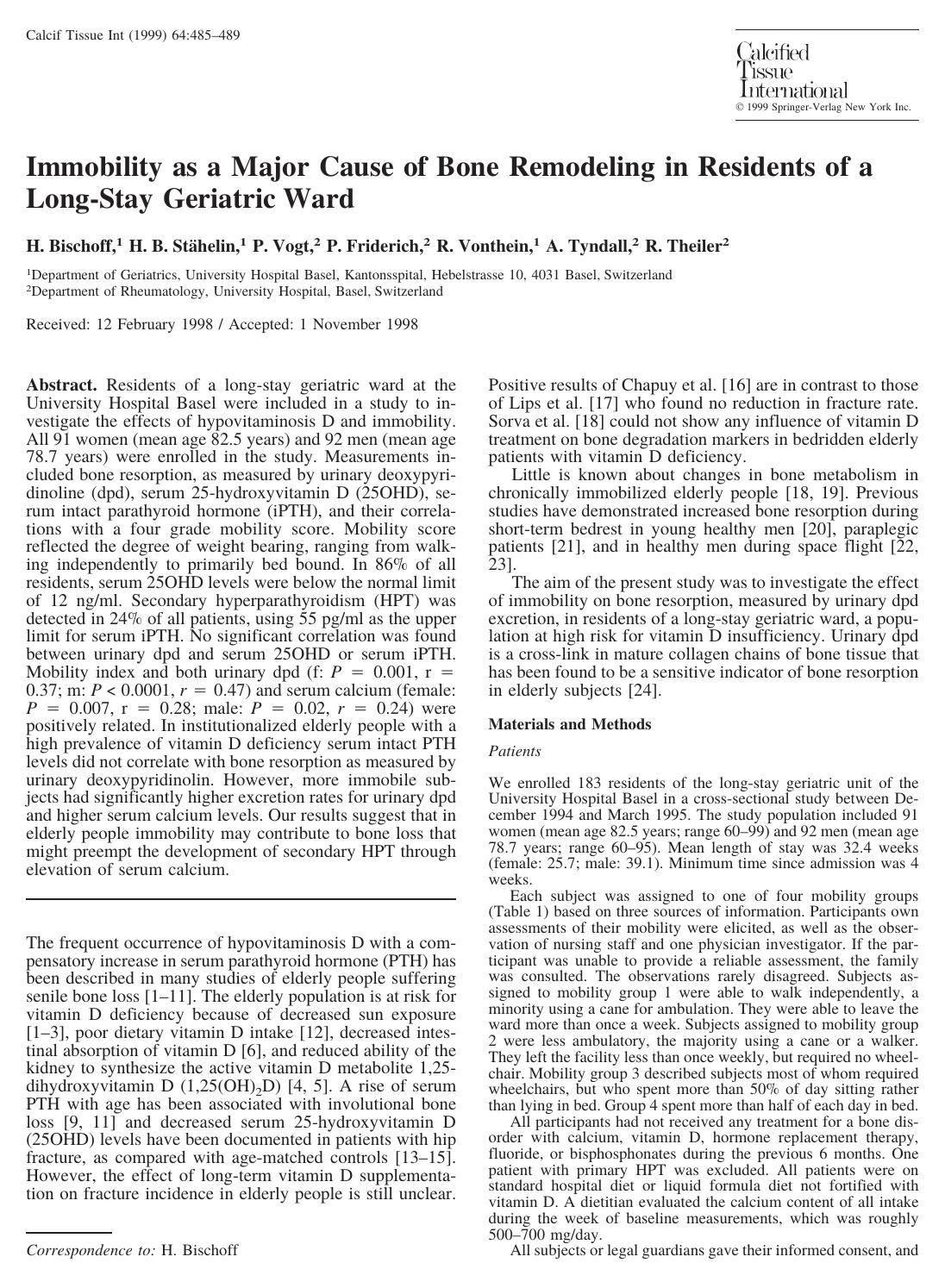 Immobility as a Major Cause of Bone Remodeling in Residents of a Long-Stay Geriatric Ward by Bischoff H. et al