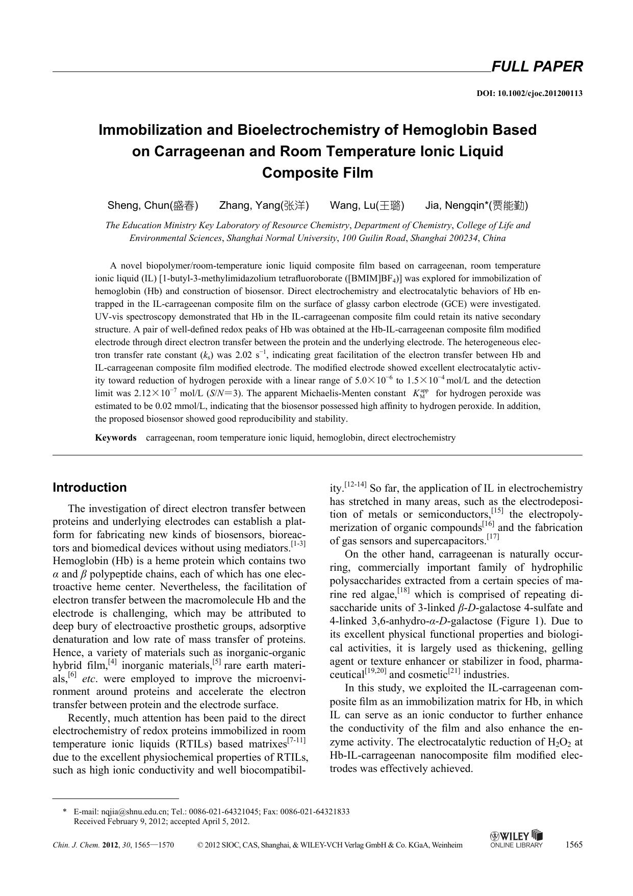 Immobilization and Bioelectrochemistry of Hemoglobin Based on Carrageenan and Room Temperature Ionic Liquid Composite Film by uy