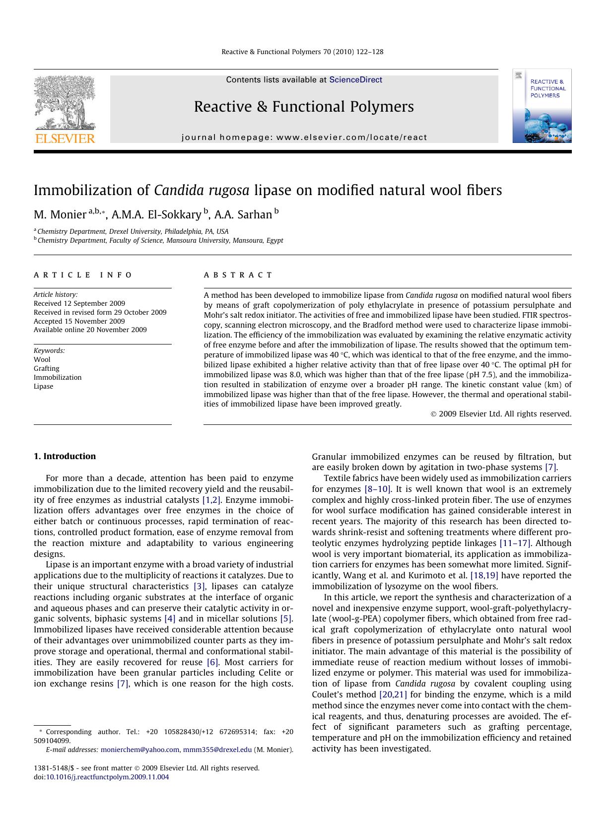 Immobilization of Candida rugosa lipase on modified natural wool fibers by M. Monier; A.M.A. El-Sokkary; A.A. Sarhan