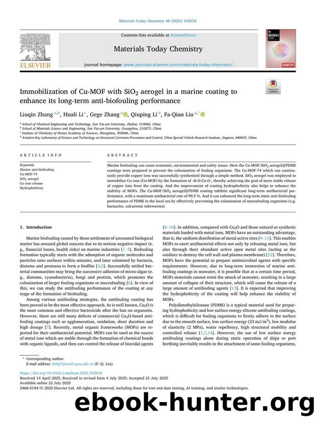Immobilization of Cu-MOF with SiO2 aerogel in a marine coating to enhance its long-term anti-biofouling performance by Liuqin Zhang & Huali Li & Gege Zhang & Qiuping Li & Fa-Qian Liu