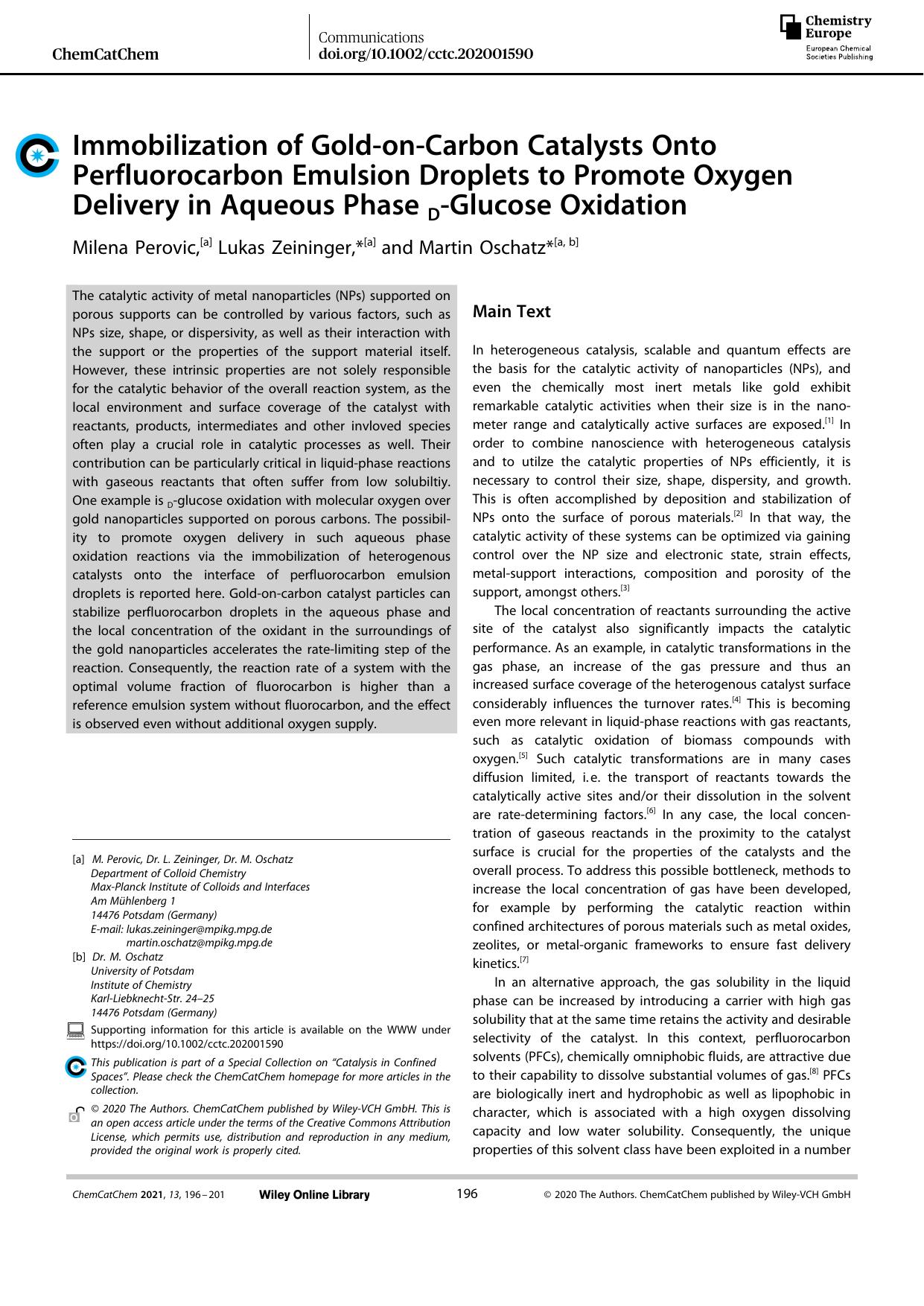 Immobilization of GoldâonâCarbon Catalysts Onto Perfluorocarbon Emulsion Droplets to Promote Oxygen Delivery in Aqueous Phase DâGlucose Oxidation by Unknown