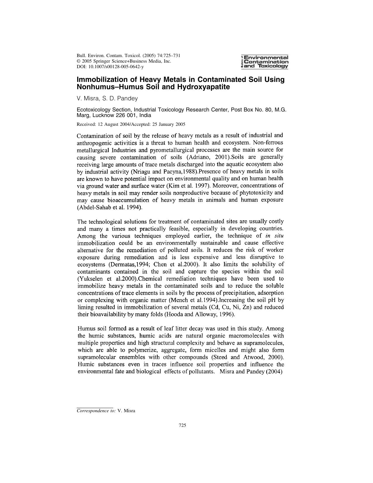 Immobilization of Heavy Metals in Contaminated Soil Using Nonhumus–Humus Soil and Hydroxyapatite by Misra V. et al