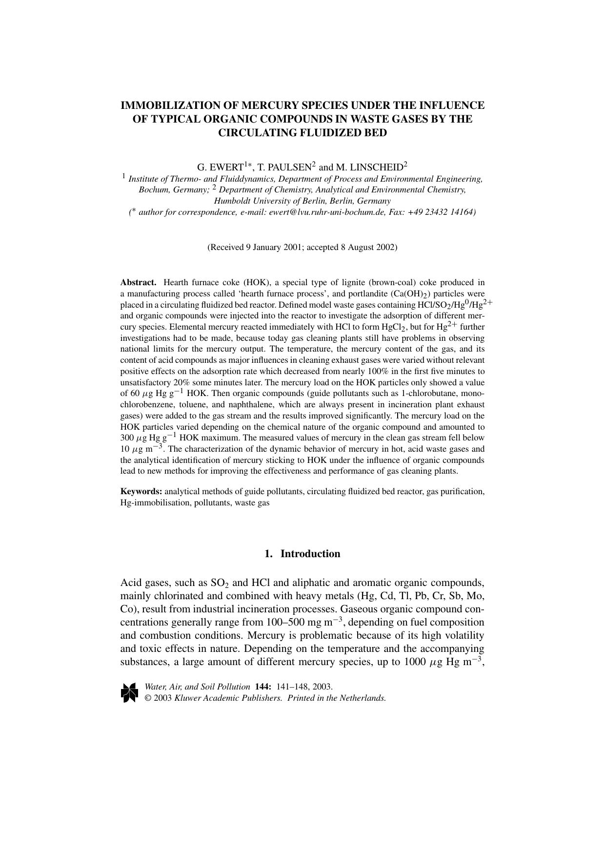 Immobilization of Mercury Species under the Influence of Typical Organic Compounds in Waste Gases by the Circulating Fluidized Bed by Unknown