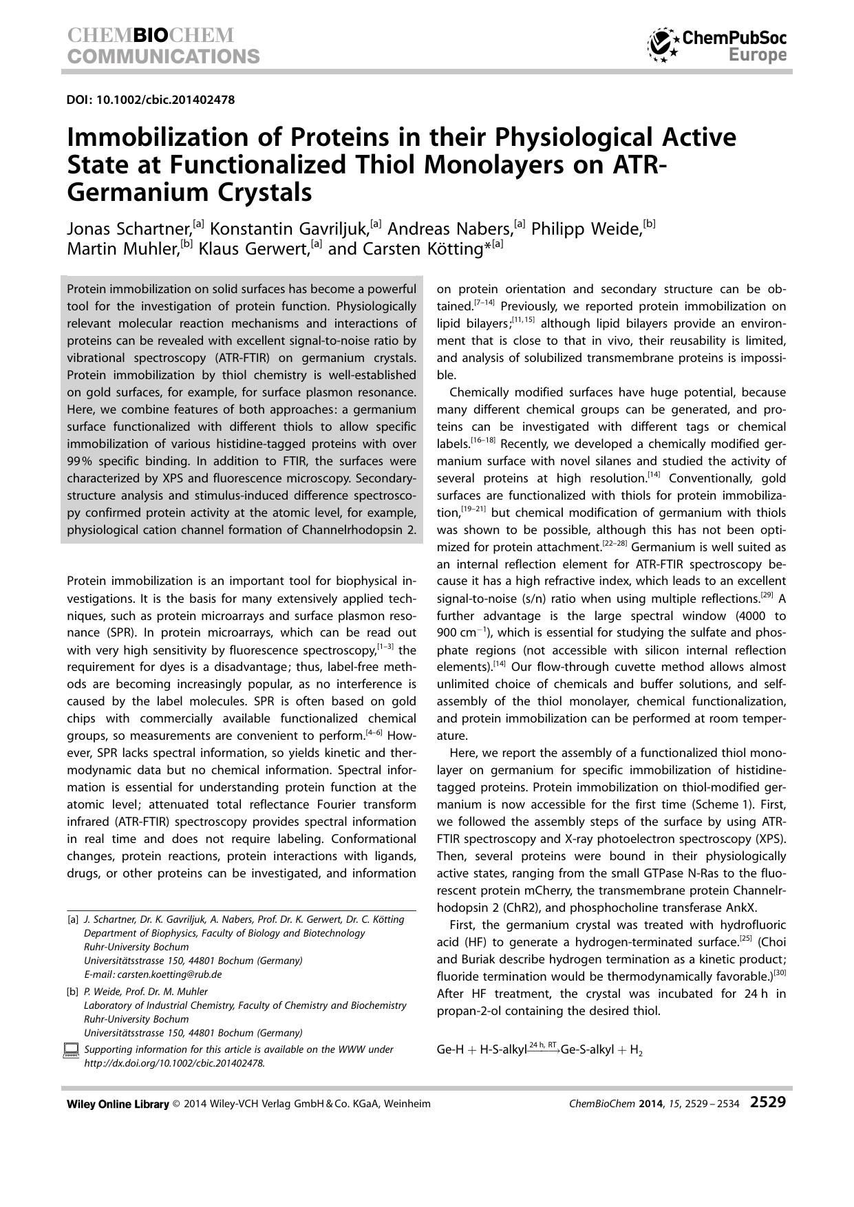 Immobilization of Proteins in their Physiological Active State at Functionalized Thiol Monolayers on ATRGermanium Crystals by Unknown