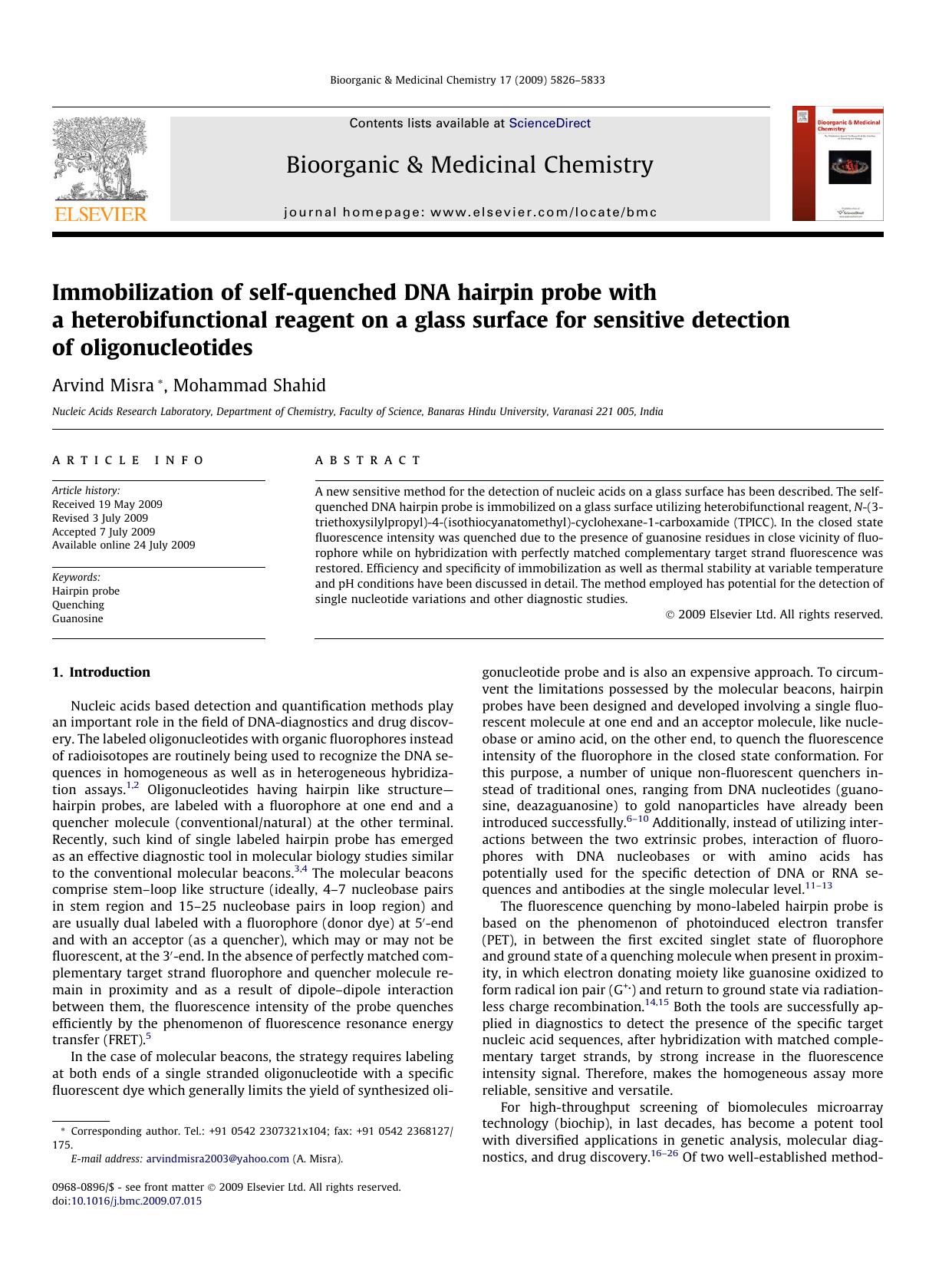 Immobilization of self-quenched DNA hairpin probe with a heterobifunctional reagent on a glass surface for sensitive detection of oligonucleotides by Arvind Misra; Mohammad Shahid