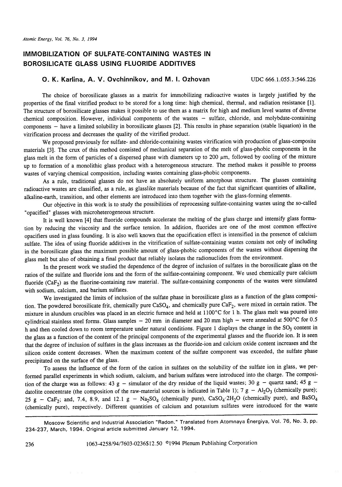 Immobilization of sulfate-containing wastes in borosilicate glass using fluoride additives by Unknown