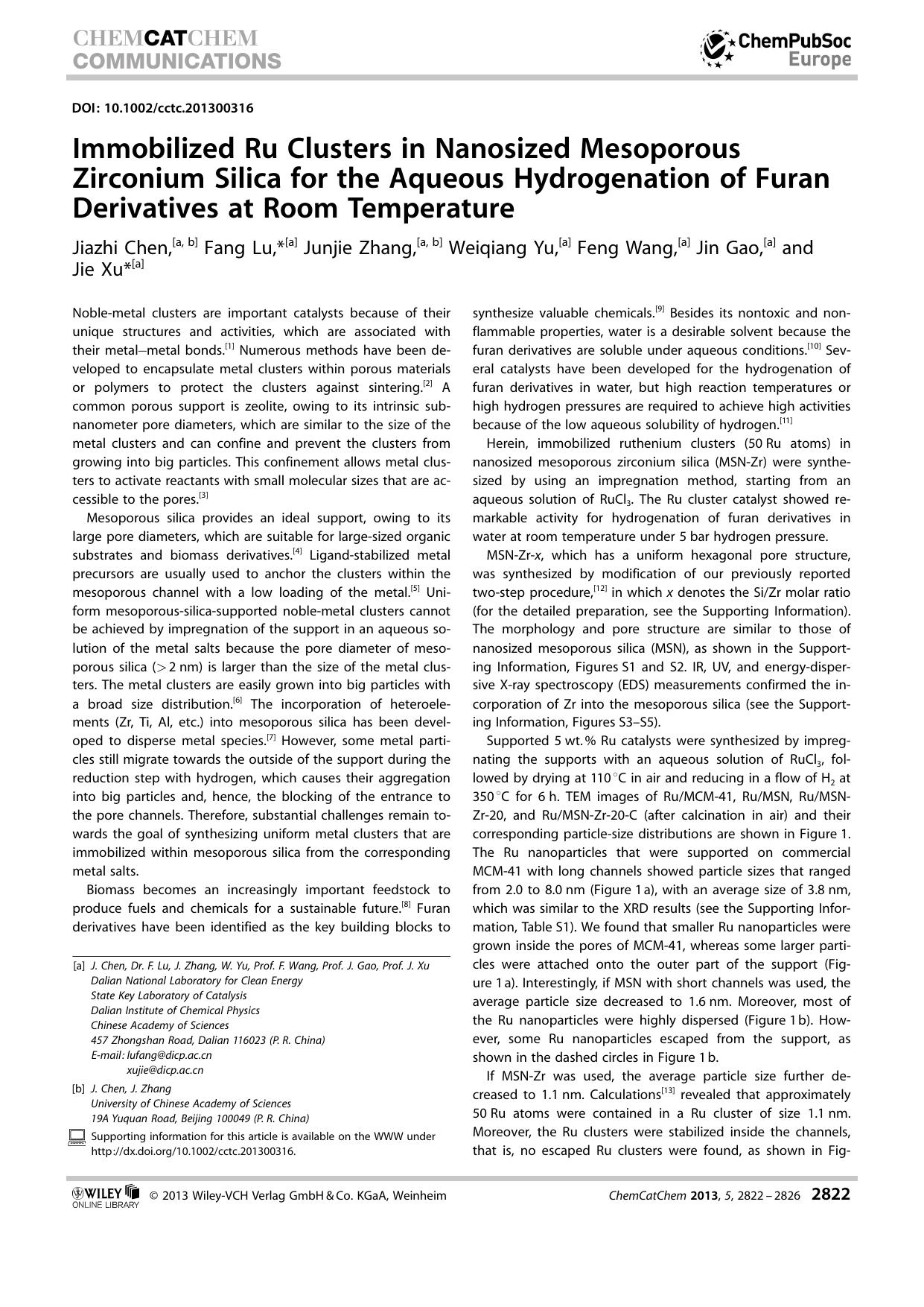 Immobilized Ru Clusters in Nanosized Mesoporous Zirconium Silica for the Aqueous Hydrogenation of Furan Derivatives at Room Temperature by Unknown