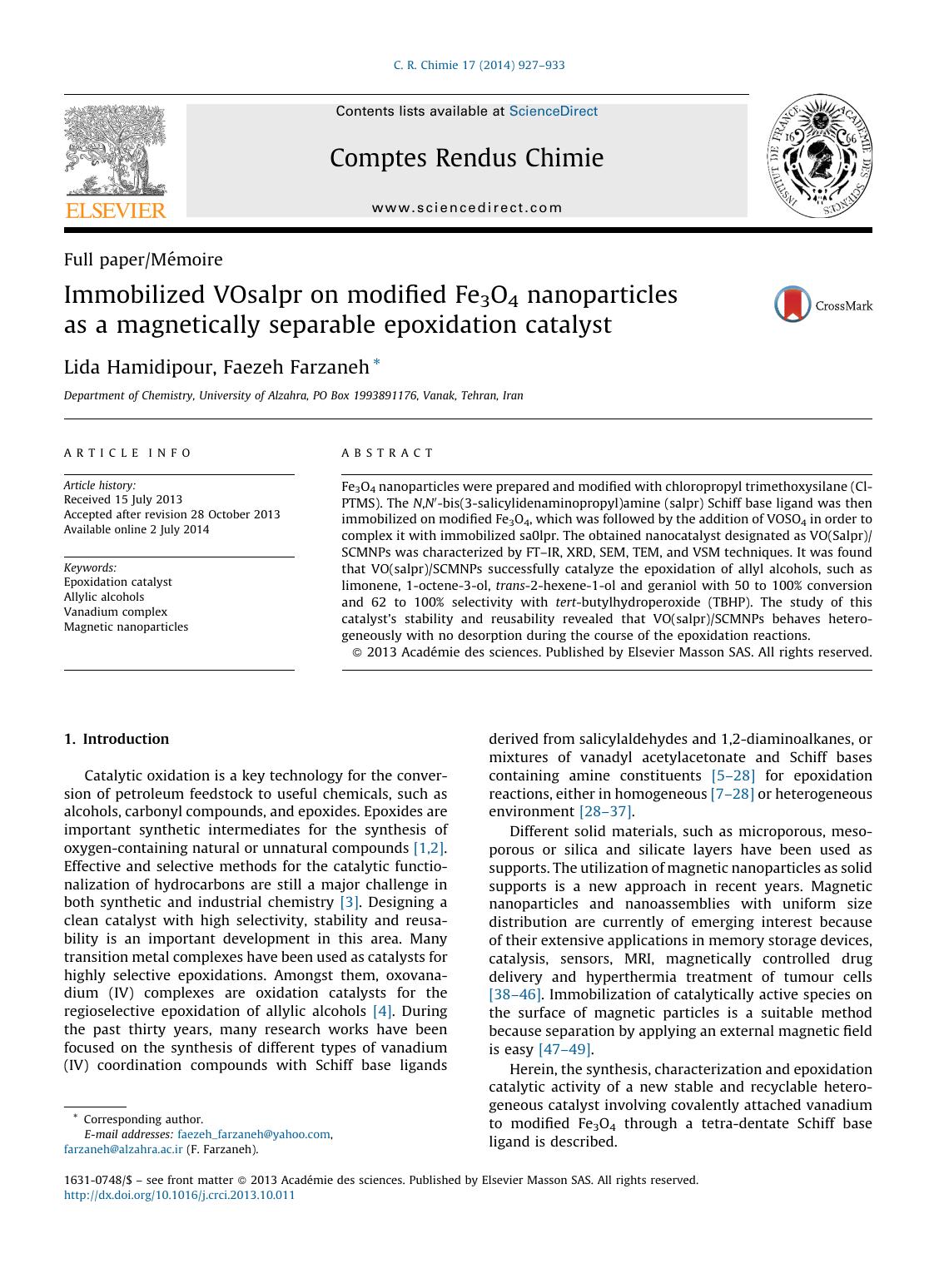 Immobilized VOsalpr on modified Fe3O4 nanoparticles as a magnetically separable epoxidation catalyst by Lida Hamidipour & Faezeh Farzaneh