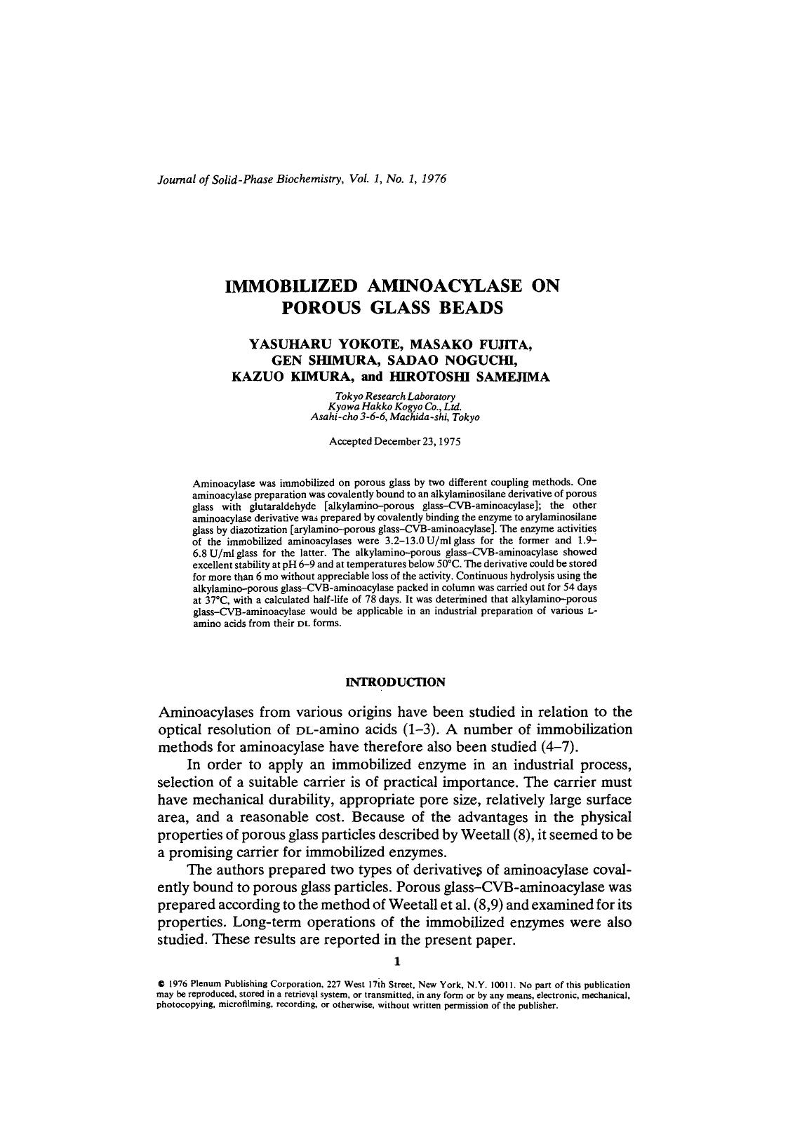Immobilized aminoacylase on porous glass beads by Unknown