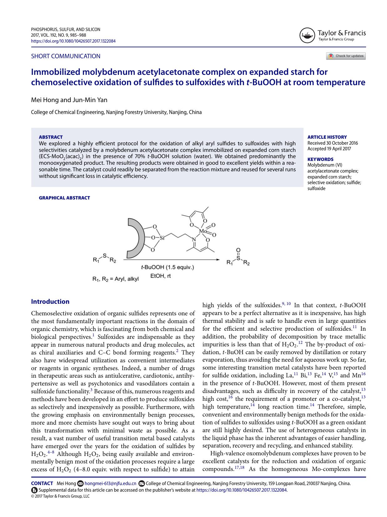 Immobilized molybdenum acetylacetonate complex on expanded starch for chemoselective oxidation of sulfides to sulfoxides with t-BuOOH at room temperature by Mei Hong