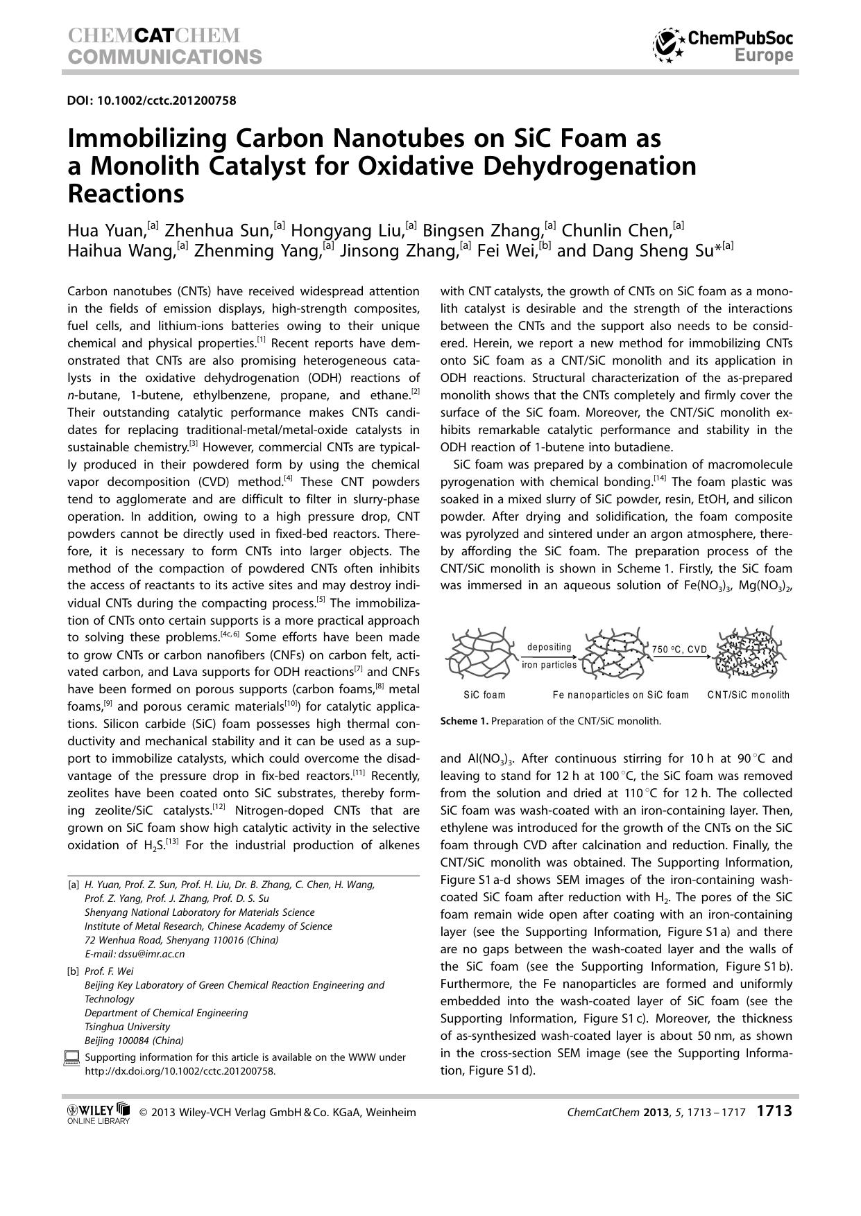 Immobilizing Carbon Nanotubes on SiC Foam as a Monolith Catalyst for Oxidative Dehydrogenation Reactions by Unknown