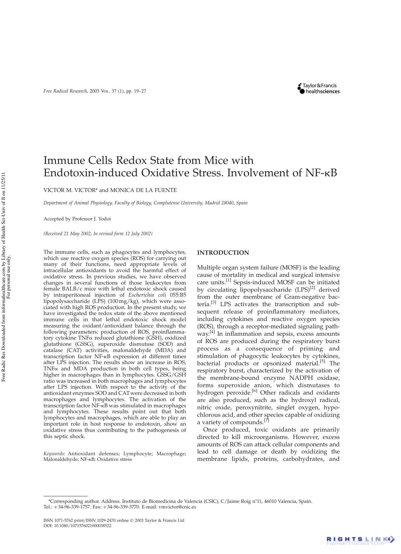 Immune Cells Redox State from Mice with Endotoxin-induced Oxidative Stress. Involvement of NF-ÎºB by Victor M. Victor & Monica De La Fuente