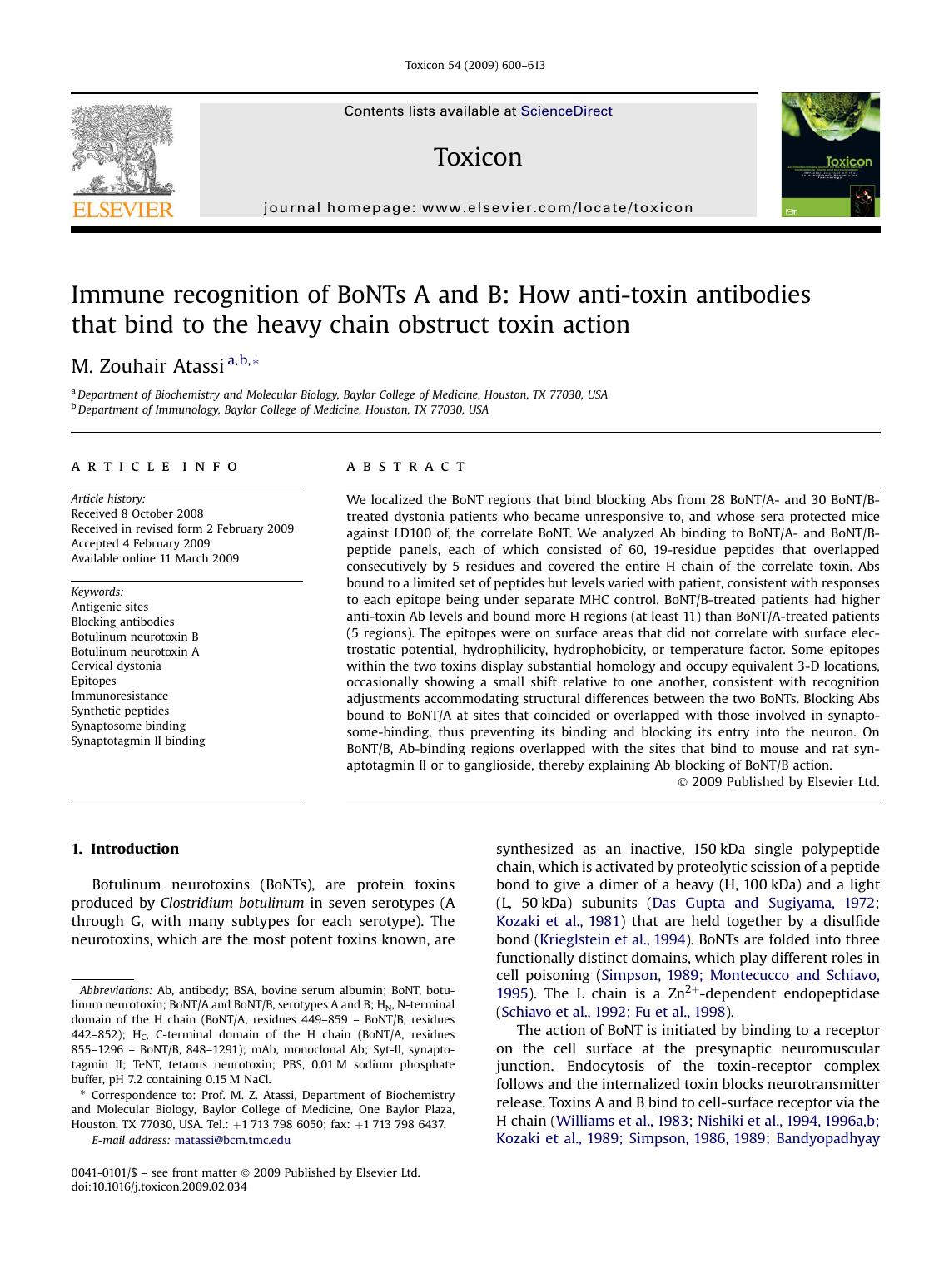 Immune recognition of BoNTs A and B: How anti-toxin antibodies that bind to the heavy chain obstruct toxin action by M. Zouhair Atassi