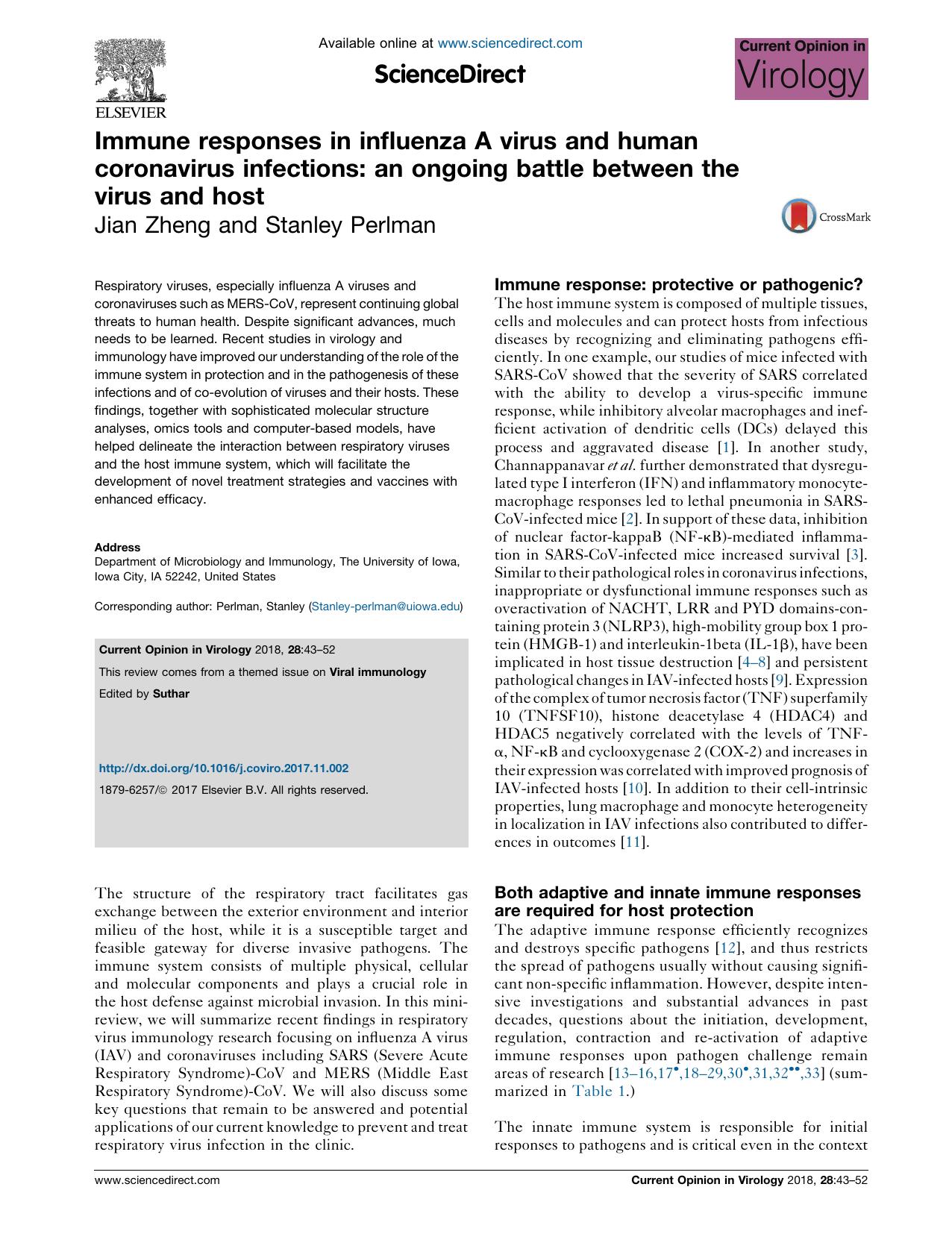 Immune responses in influenza A virus and human coronavirus infections: an ongoing battle between the virus and host by Jian Zheng & Stanley Perlman
