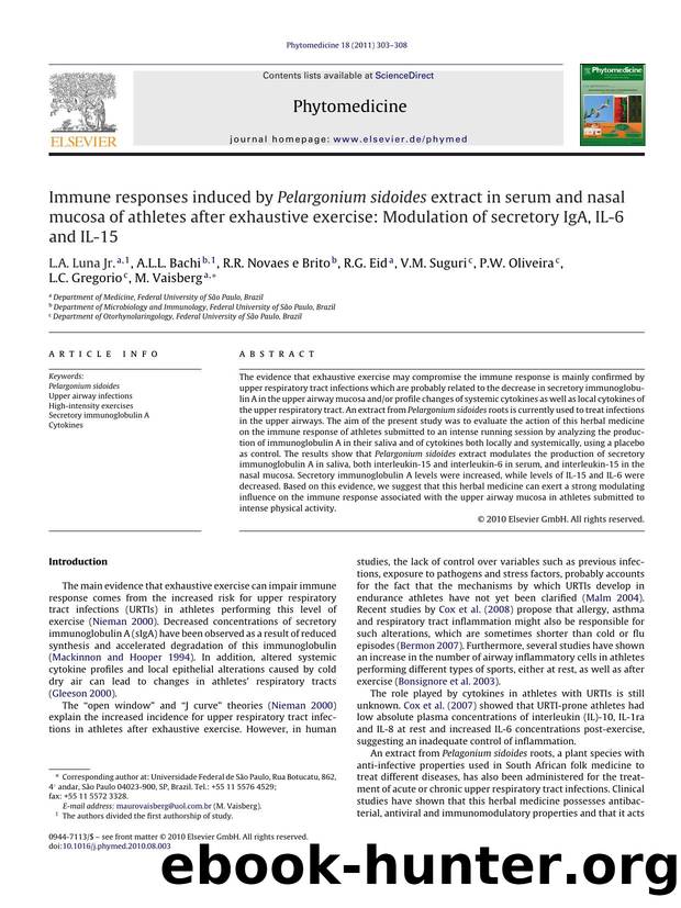 Immune responses induced by Pelargonium sidoides extract in serum and nasal mucosa of athletes after exhaustive exercise: Modulation of secretory IgA, IL-6 and IL-15 by L.A. Luna Jr