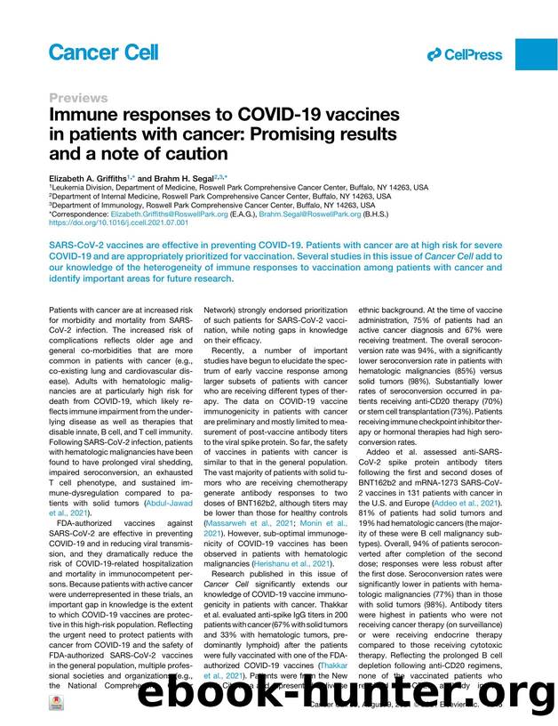 Immune responses to COVID-19 vaccines in patients with cancer: Promising results and a note of caution by Elizabeth A. Griffiths & Brahm H. Segal