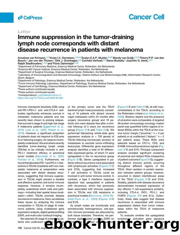 Immune suppression in the tumor-draining lymph node corresponds with distant disease recurrence in patients with melanoma by unknow