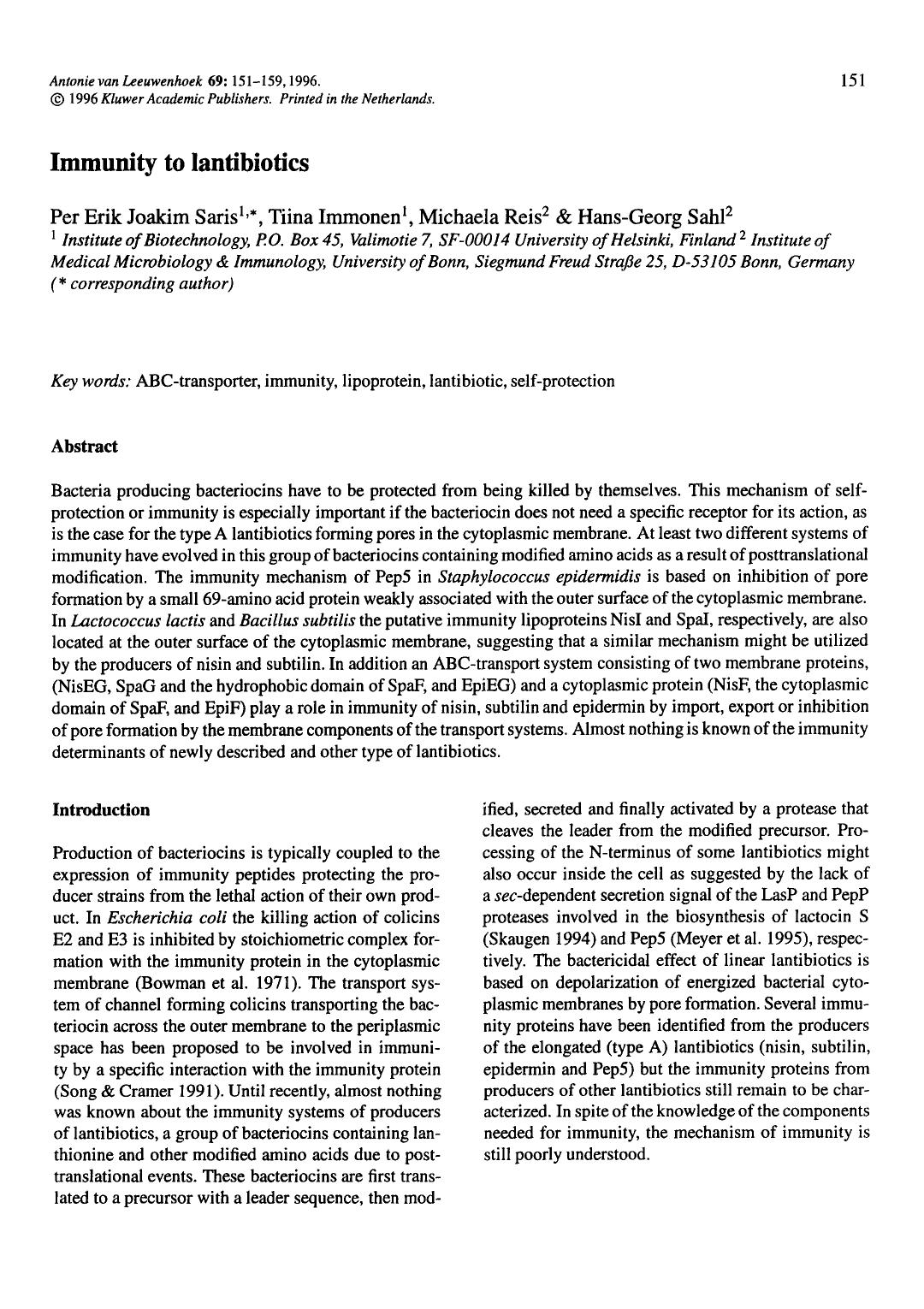 Immunity to lantibiotics by Unknown