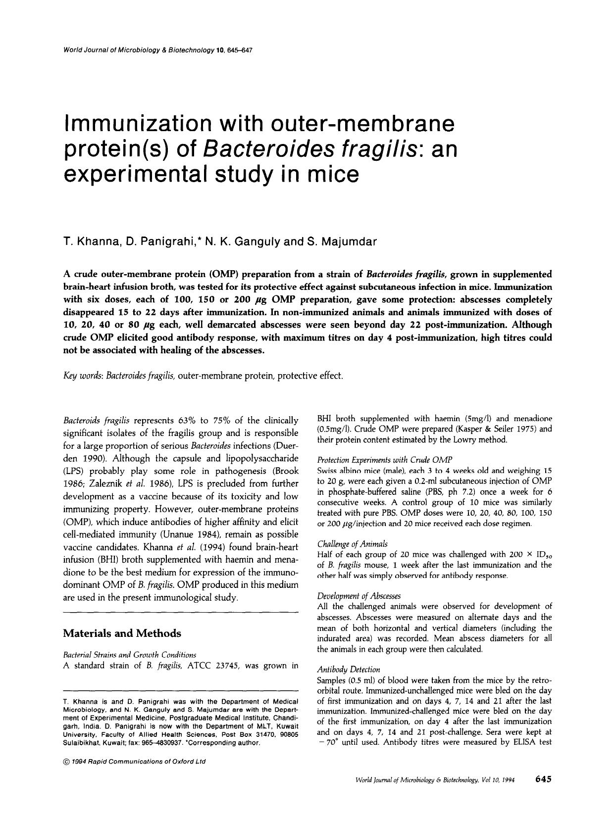 Immunization with outer-membrane protein(s) of <Emphasis Type="Italic">Bacteroides fragilis<Emphasis>: an experimental study in mice by Unknown