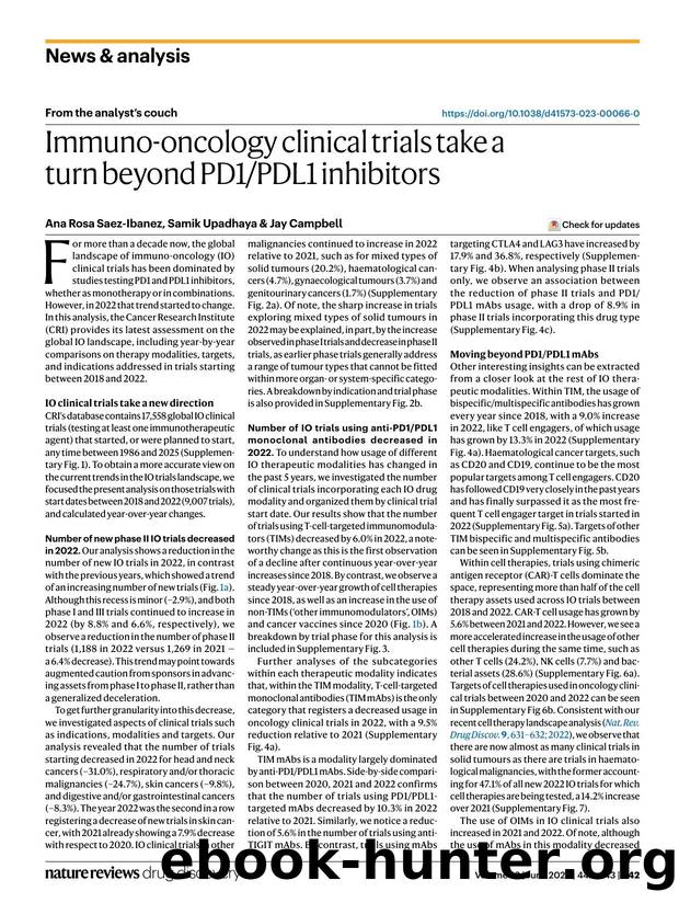 Immuno-oncology clinical trials take a turn beyond PD1PDL1 inhibitors by Ana Rosa Saez-Ibanez & Samik Upadhaya & Jay Campbell