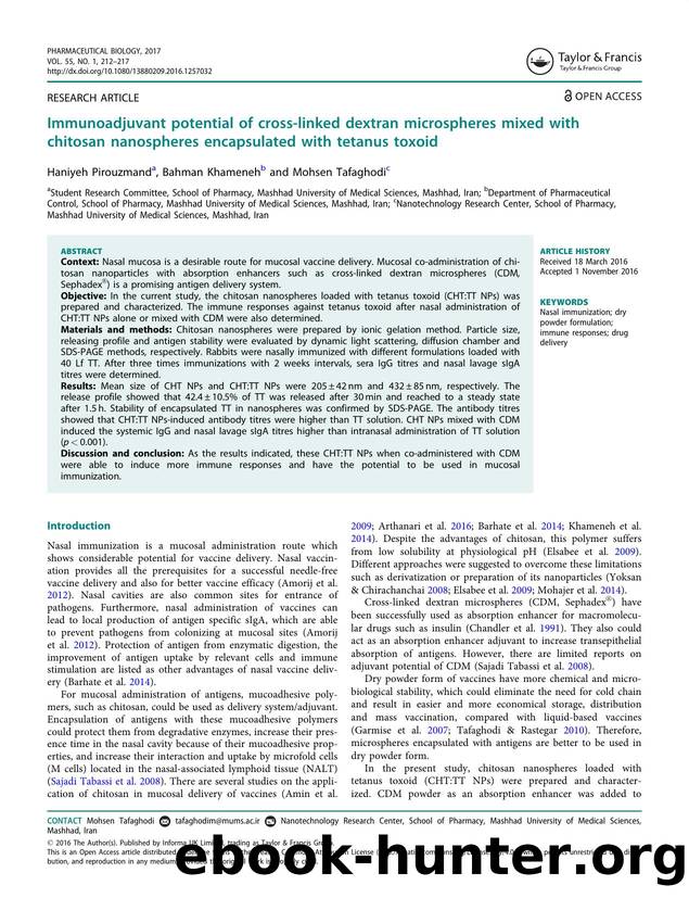 Immunoadjuvant potential of cross-linked dextran microspheres mixed with chitosan nanospheres encapsulated with tetanus toxoid by Pirouzmand Haniyeh & Khameneh Bahman & Tafaghodi Mohsen
