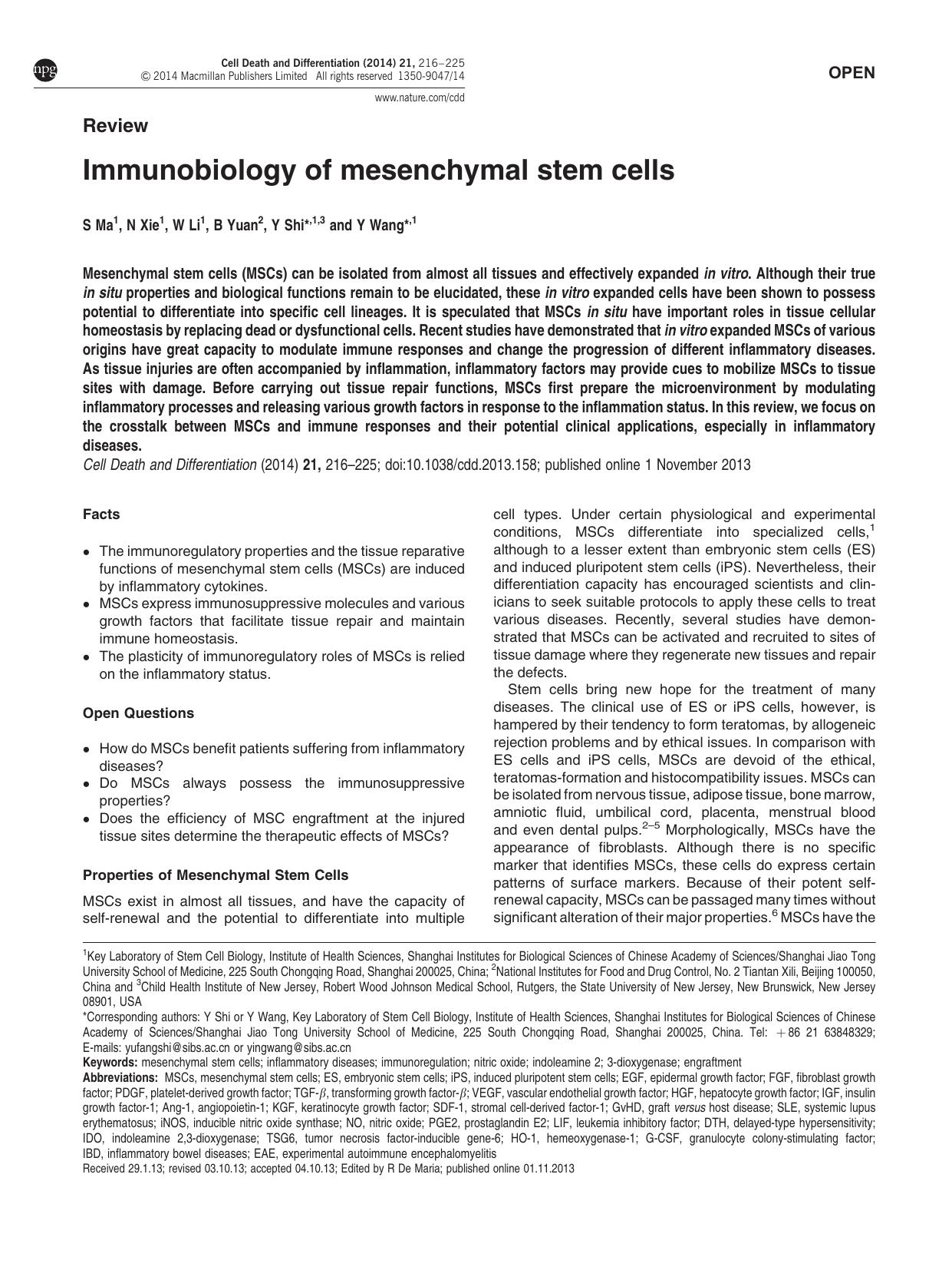 Immunobiology of mesenchymal stem cells by S Ma & N Xie & W Li & B Yuan & Y Shi & Y Wang