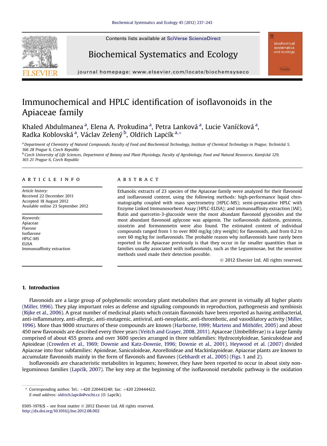 Immunochemical and HPLC identification of isoflavonoids in the Apiaceae family by unknow