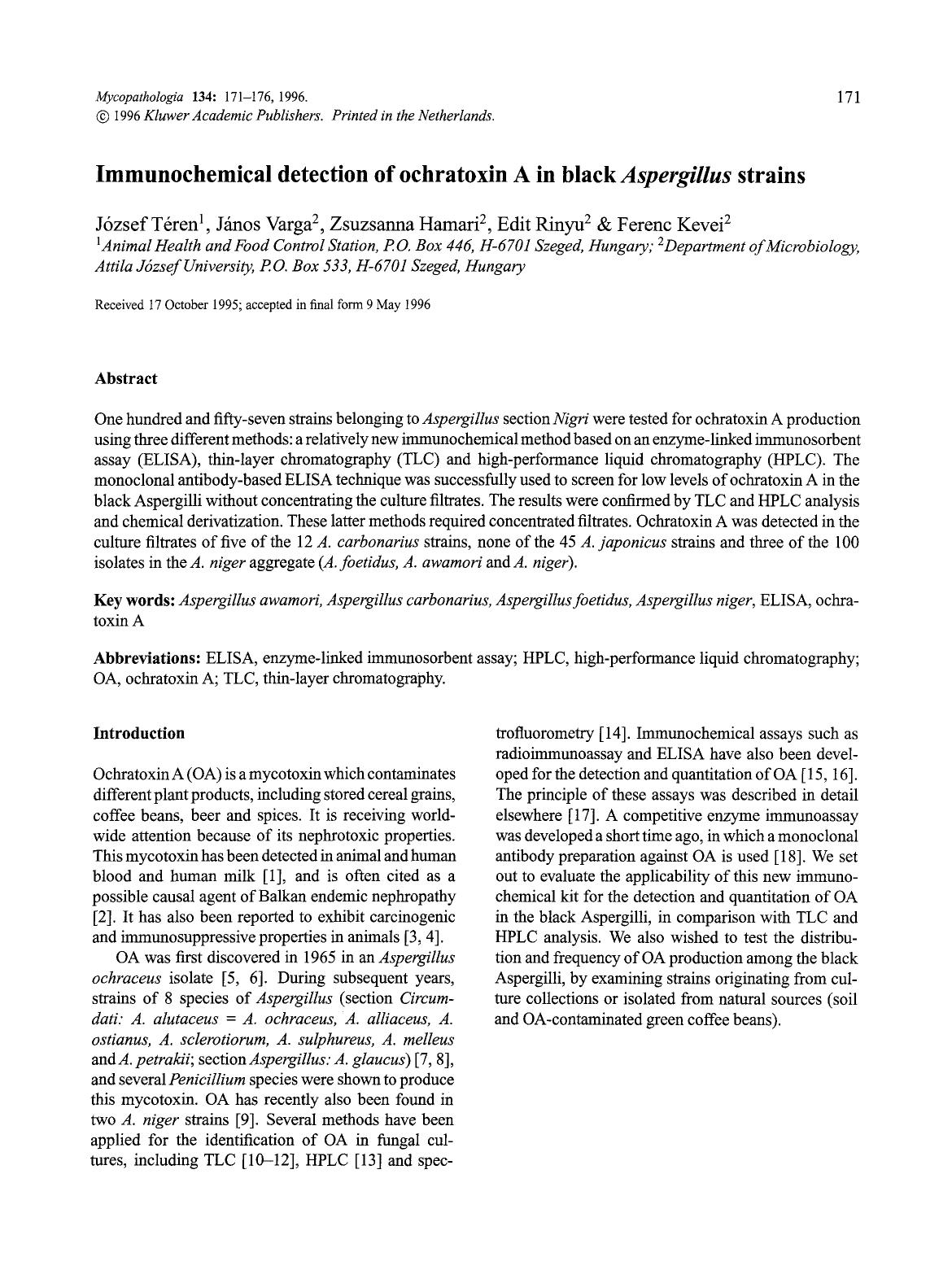 Immunochemical detection of ochratoxin A in black <Emphasis Type="Italic">Aspergillus<Emphasis> strains by Unknown
