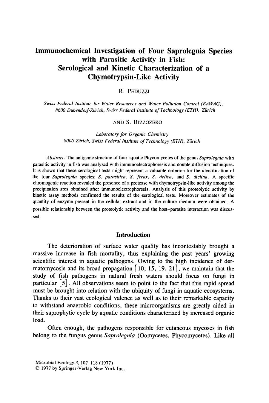 Immunochemical investigation of four Saprolegnia species with parasitic activity in fish: Serological and kinetic characterization of a chymotrypsin-like activity by Unknown