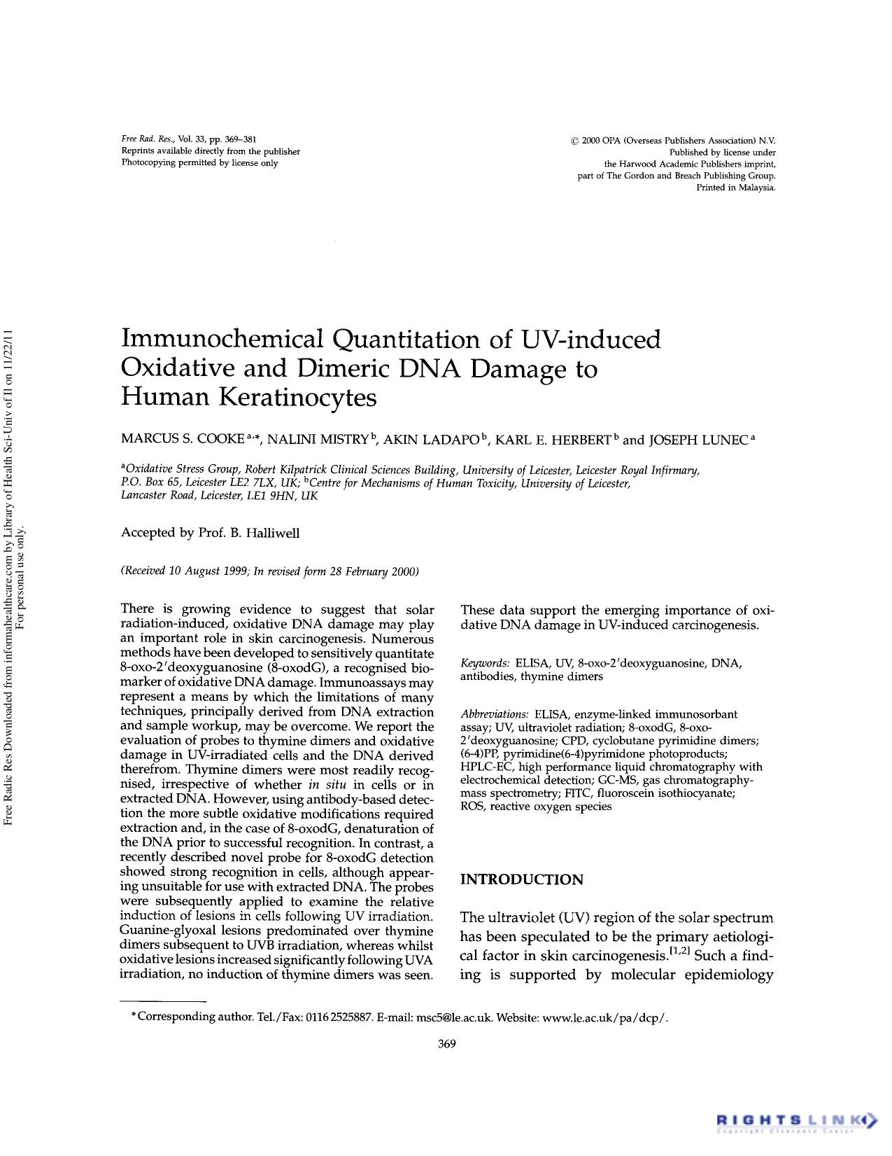 Immunochemical quantitation of UV-induced oxidative and dimeric DNA damage to human keratinocytes by Marcus S. Cooke Nalini Mistry Akin Ladapo Karl E. Herbert & Joseph Lunec
