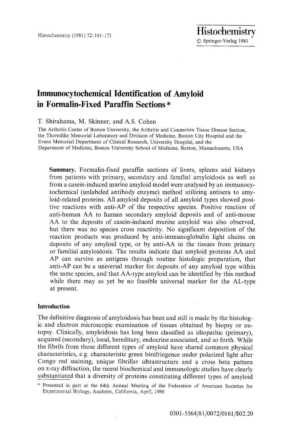 Immunocytochemical identification of amyloid in formalin-fixed paraffin sections by Unknown