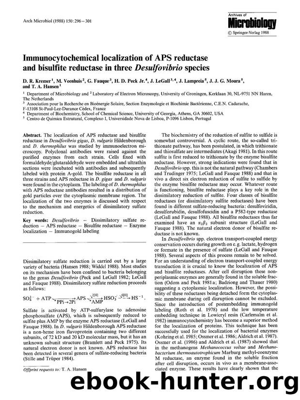 Immunocytochemical localization of APS reductase and bisulfite reductase in three <Emphasis Type="Italic">Desulfovibrio<Emphasis> species by Unknown