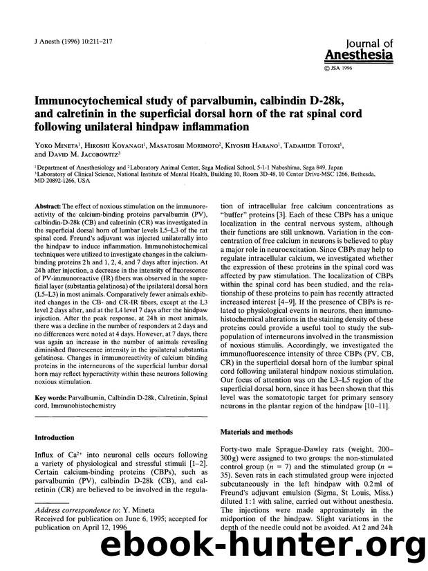 Immunocytochemical study of parvalbumin, calbindin D-28k, and calretinin in the superficial dorsal horn of the rat spinal cord following unilateral hindpaw inflammation by Unknown