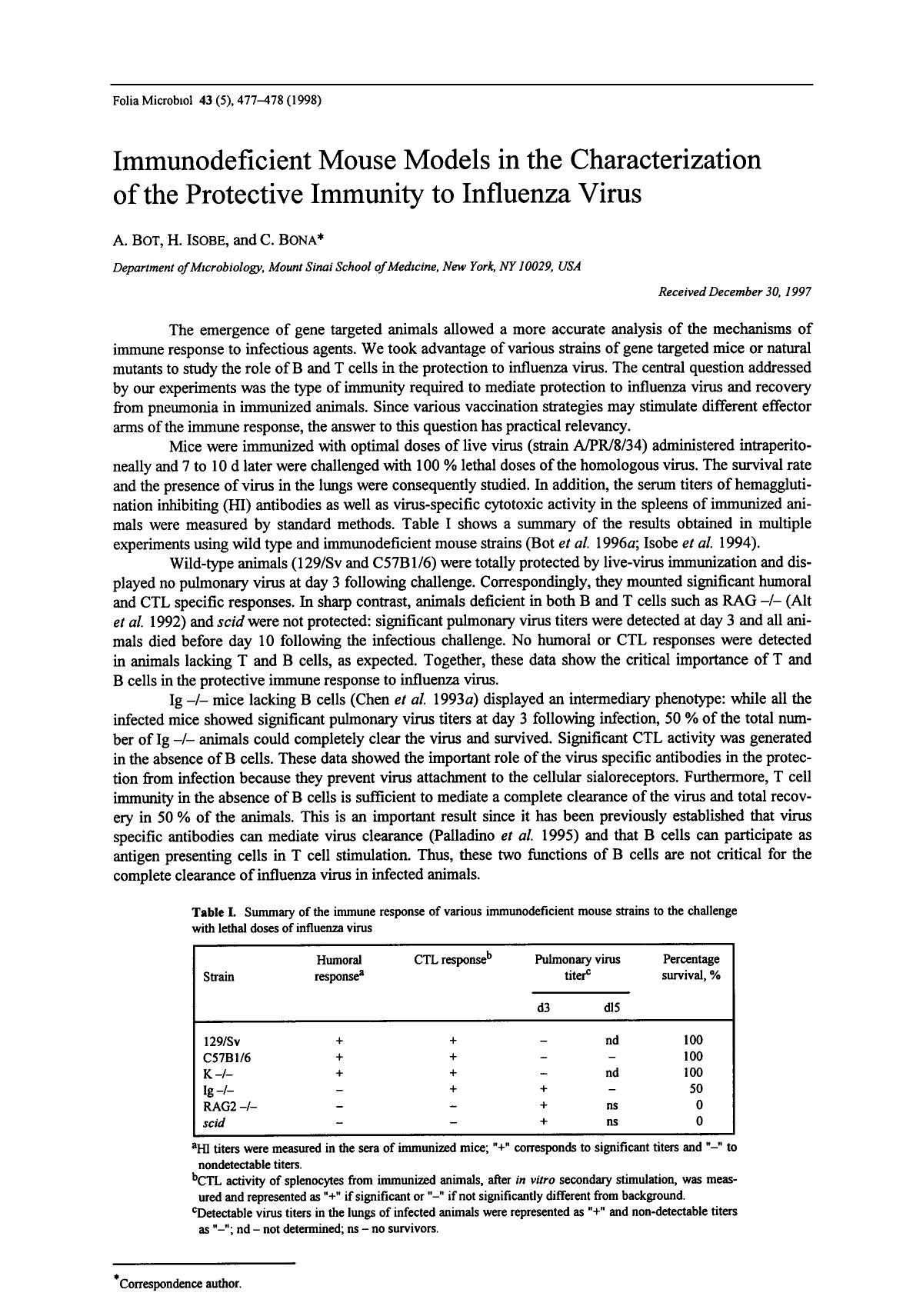 Immunodeficient mouse models in the characterization of the protective immunity to influenza virus by Unknown