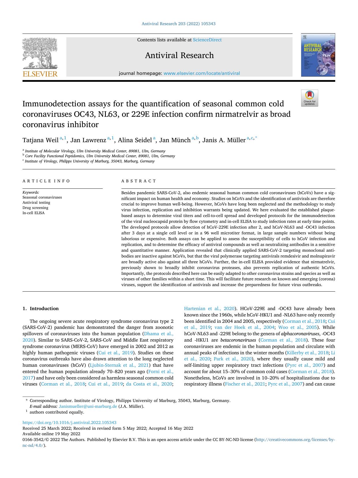 Immunodetection assays for the quantification of seasonal common cold coronaviruses OC43, NL63, or 229E infection confirm nirmatrelvir as broad coronavirus inhibitor by Tatjana Weil & Jan Lawrenz & Alina Seidel & Jan Münch & Janis A. Müller