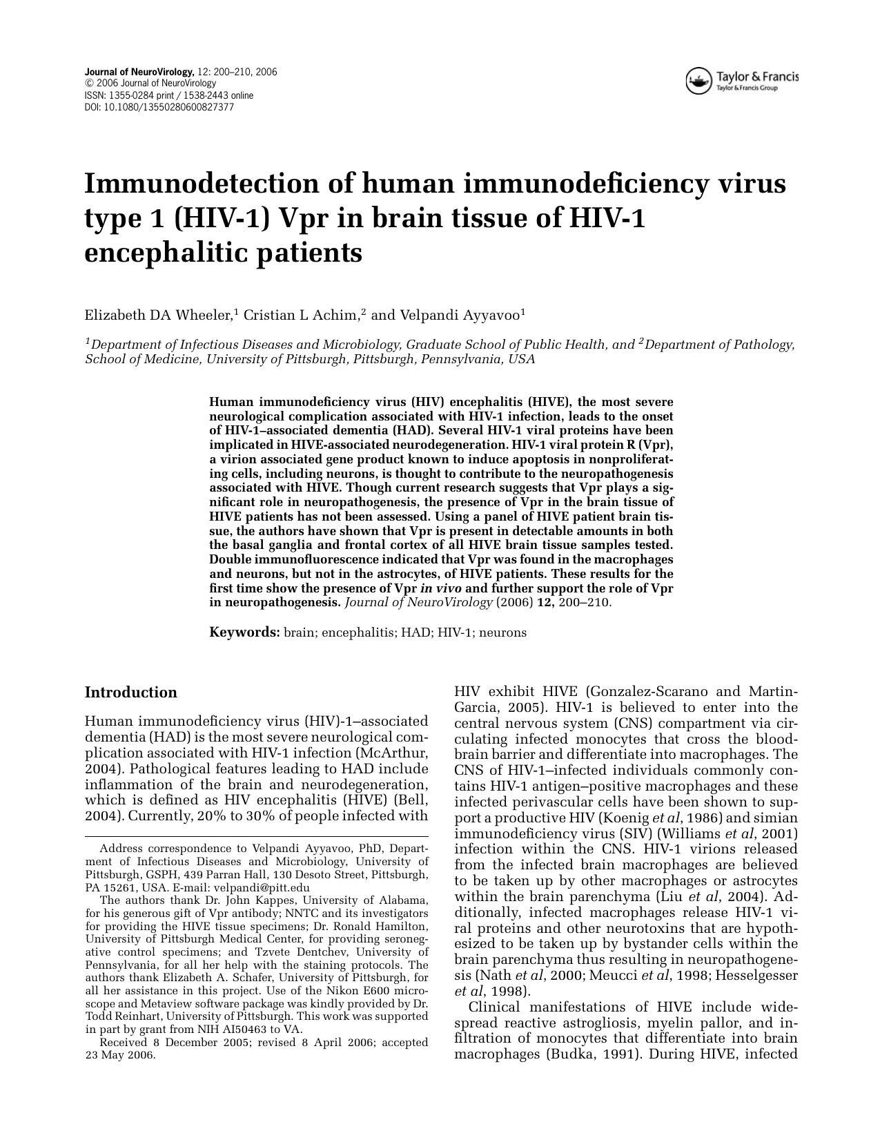 Immunodetection of human immunodeficiency virus type 1 (HIV-1) Vpr in brain tissue of HIV-1 encephalitic patients by Unknown