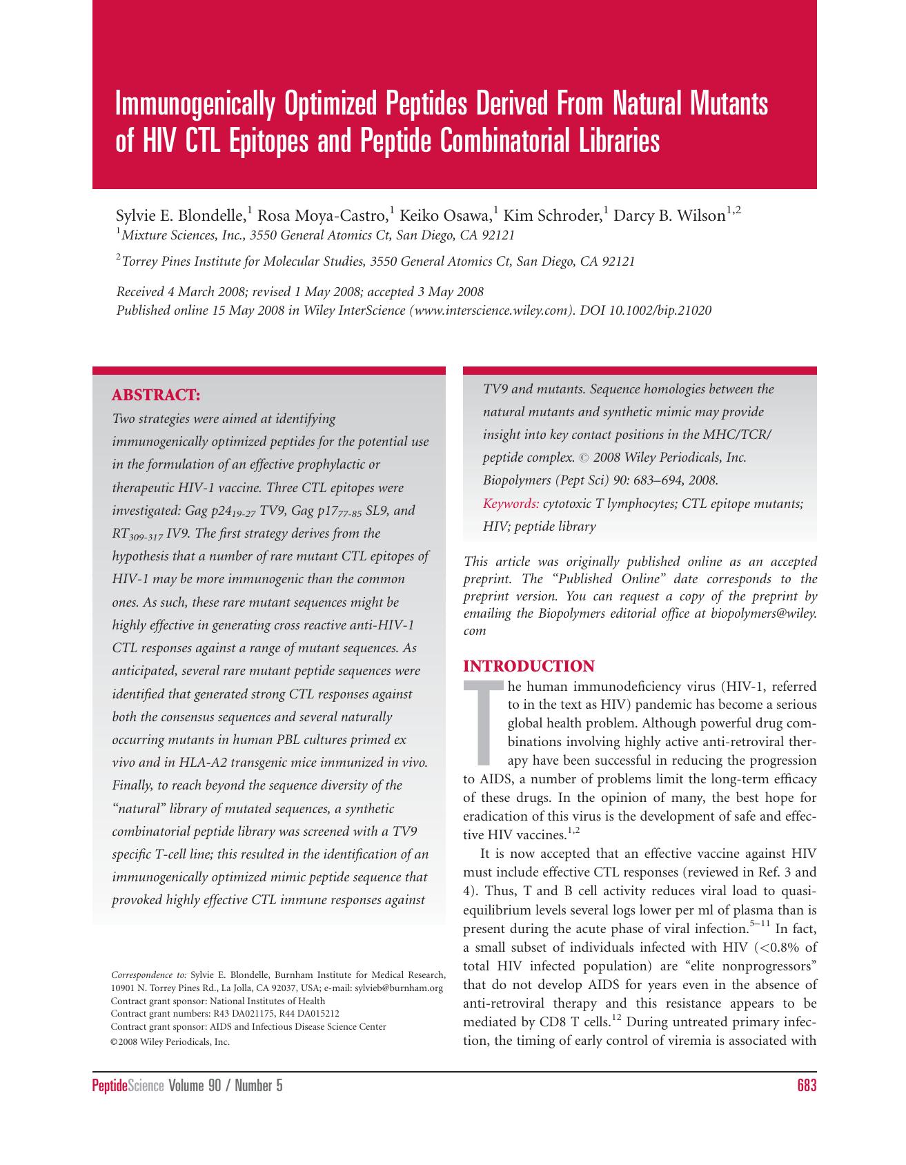 Immunogenically optimized peptides derived from natural mutants of HIV CTL epitopes and peptide combinatorial libraries by Unknown
