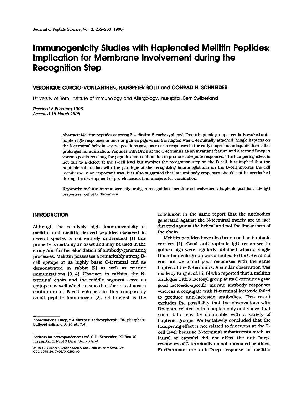 Immunogenicity Studies with Haptenated Melittin Peptides: Implication for Membrane Involvement during the Recognition Step by Unknown