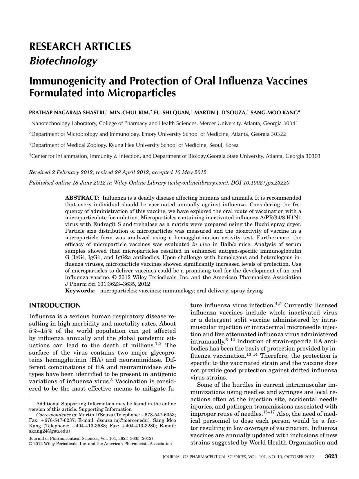 Immunogenicity and protection of oral influenza vaccines formulated into microparticles by Unknown