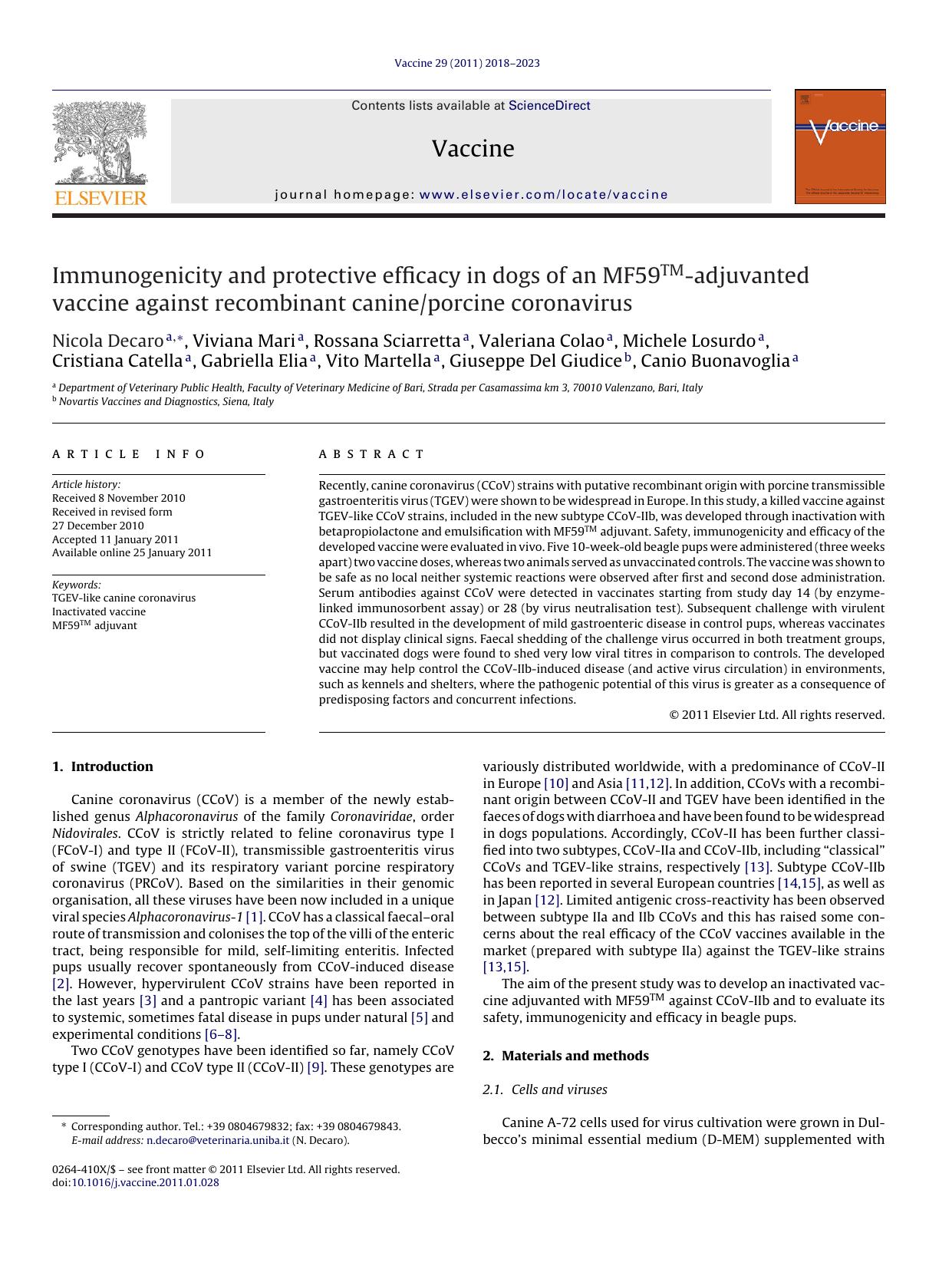Immunogenicity and protective efficacy in dogs of an MF59â„¢-adjuvanted vaccine against recombinant canineporcine coronavirus by Nicola Decaro