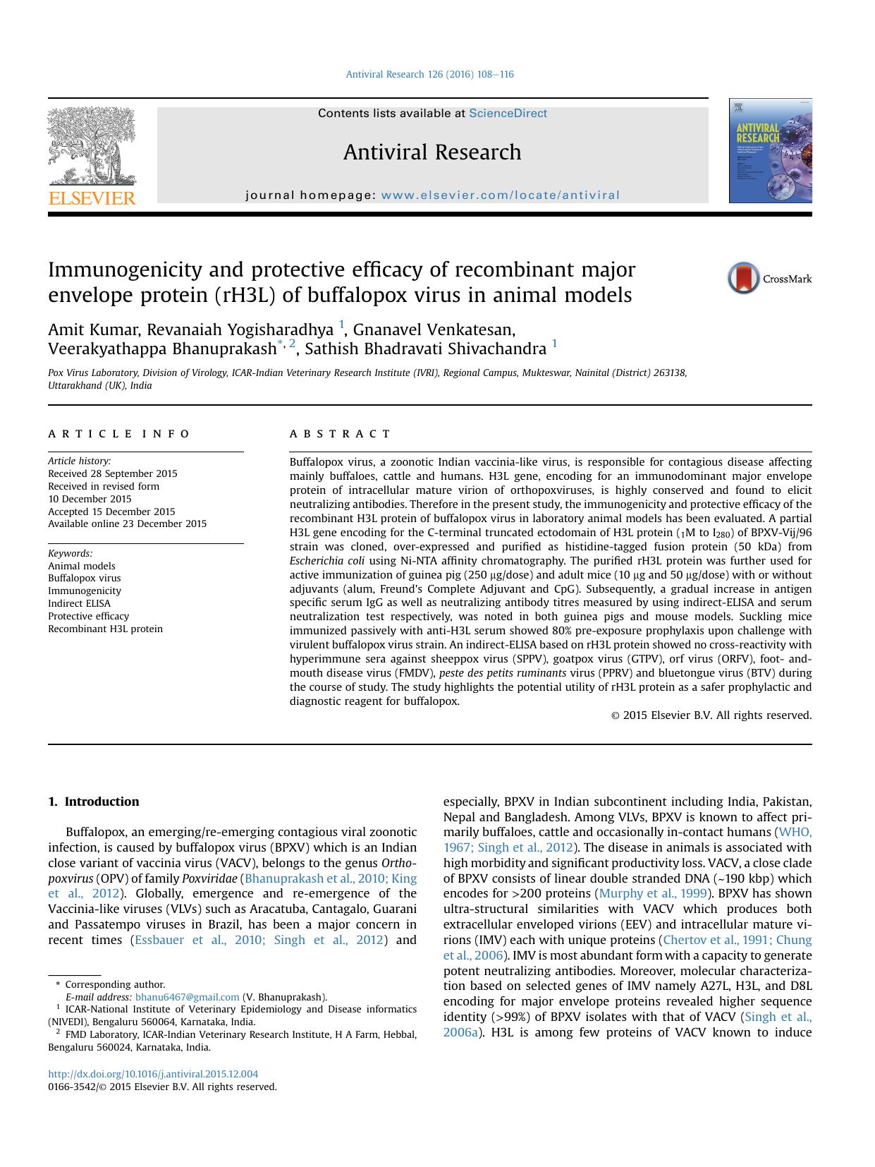 Immunogenicity and protective efficacy of recombinant major envelope protein (rH3L) of buffalopox virus in animal models by unknow