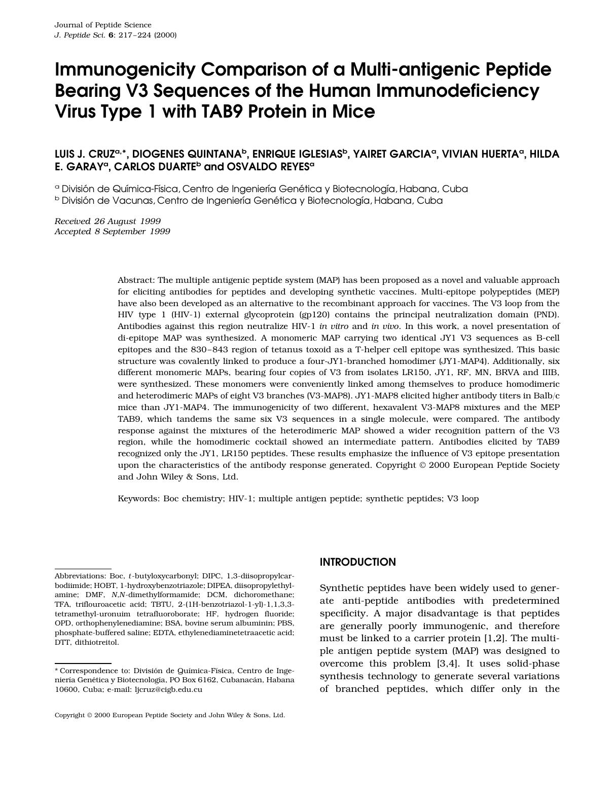 Immunogenicity comparison of a multi-antigenic peptide bearing V3 sequences of the human immunodeficiency virus type 1 with TAB9 protein in mice by Unknown