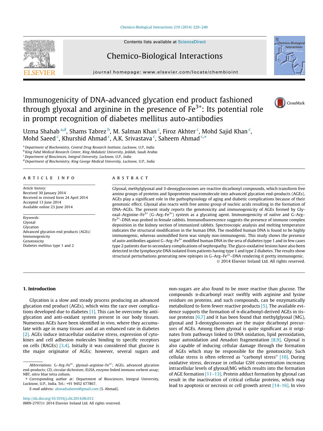 Immunogenicity of DNA-advanced glycation end product fashioned through glyoxal and arginine in the presence of Fe3+: Its potential role in prompt recognition of diabetes mellitus auto-antibodies by unknow