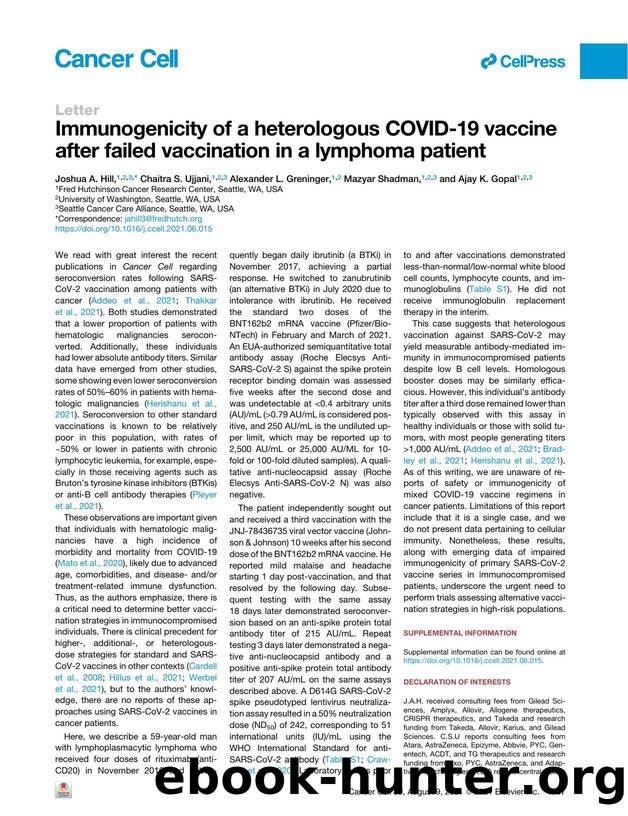 Immunogenicity of a heterologous COVID-19 vaccine after failed vaccination in a lymphoma patient by Joshua A. Hill & Chaitra S. Ujjani & Alexander L. Greninger & Mazyar Shadman & Ajay K. Gopal