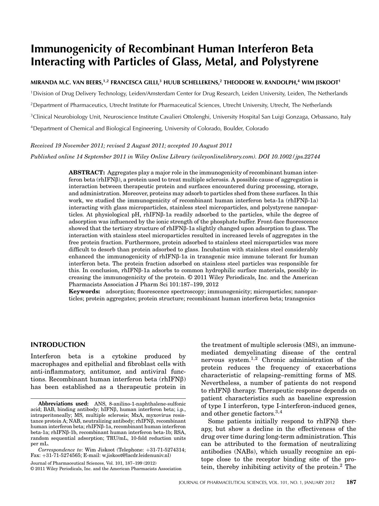 Immunogenicity of recombinant human interferon beta interacting with particles of glass, metal, and polystyrene by Unknown
