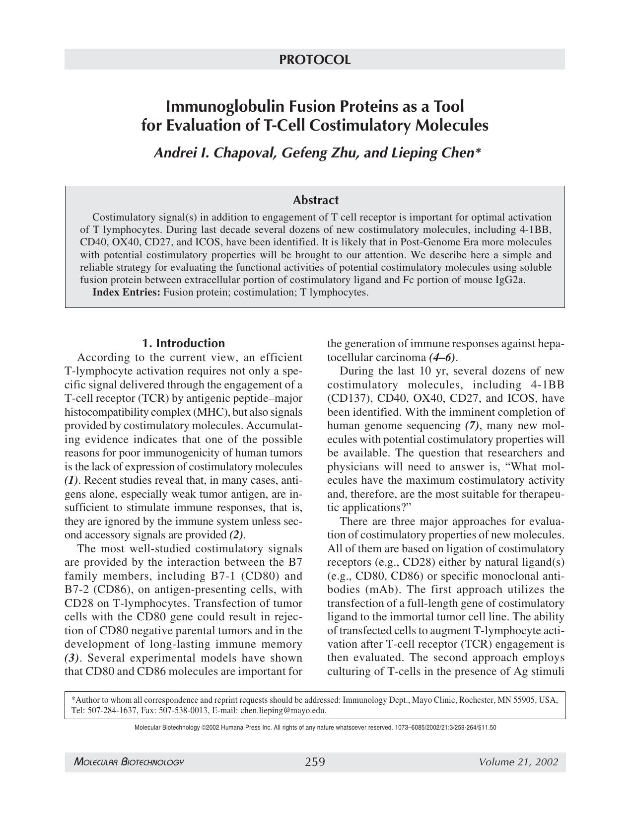 Immunoglobulin fusion proteins as a tool for evaluation of T-cell costimulatory molecules by Unknown