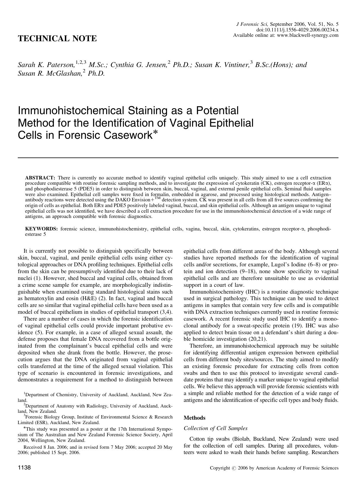 Immunohistochemical Staining as a Potential Method for the Identification of Vaginal Epithelial Cells in Forensic Casework* by Unknown